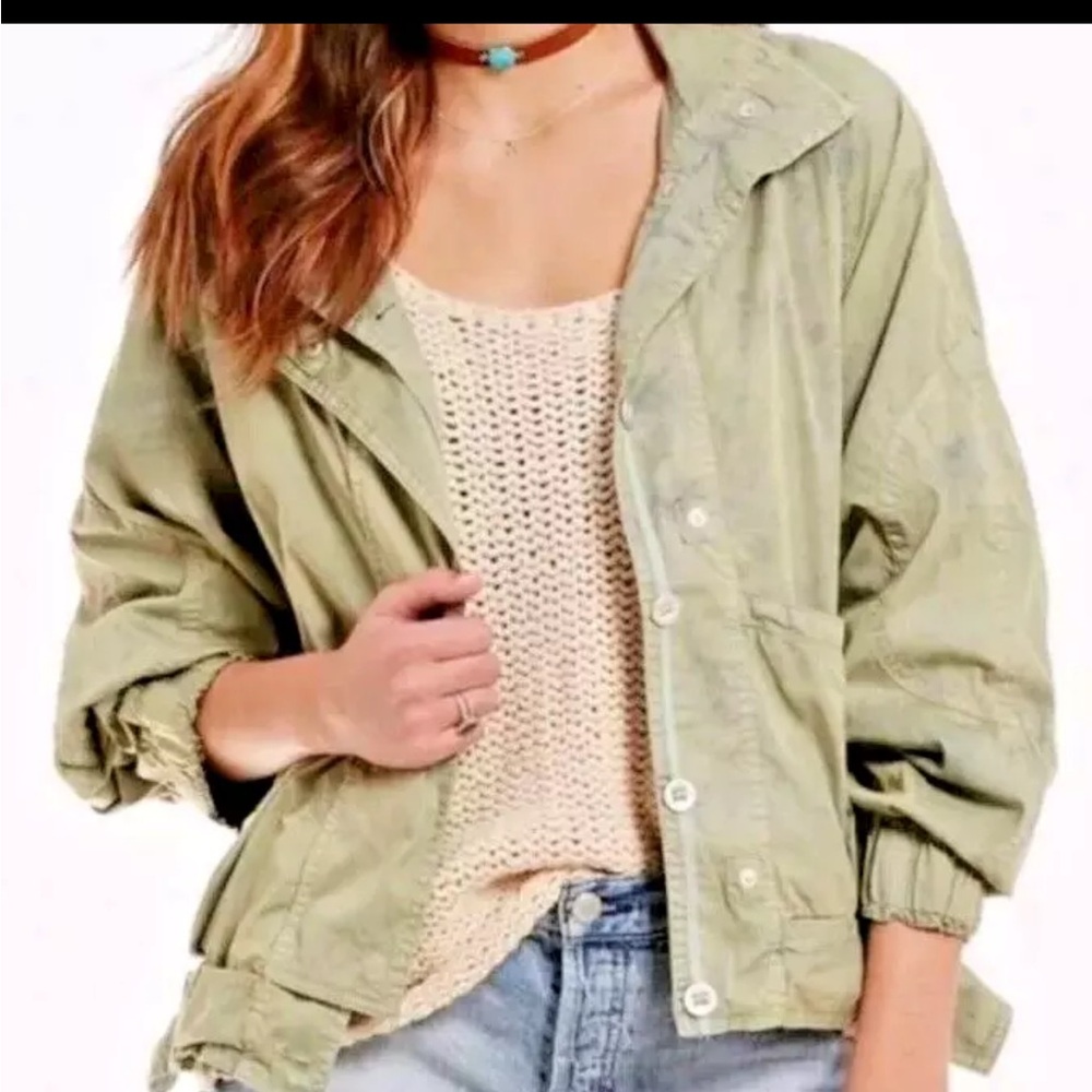 Free People Olive‎ Green Utility Jacket Distressed Cargo Military Boho Womens